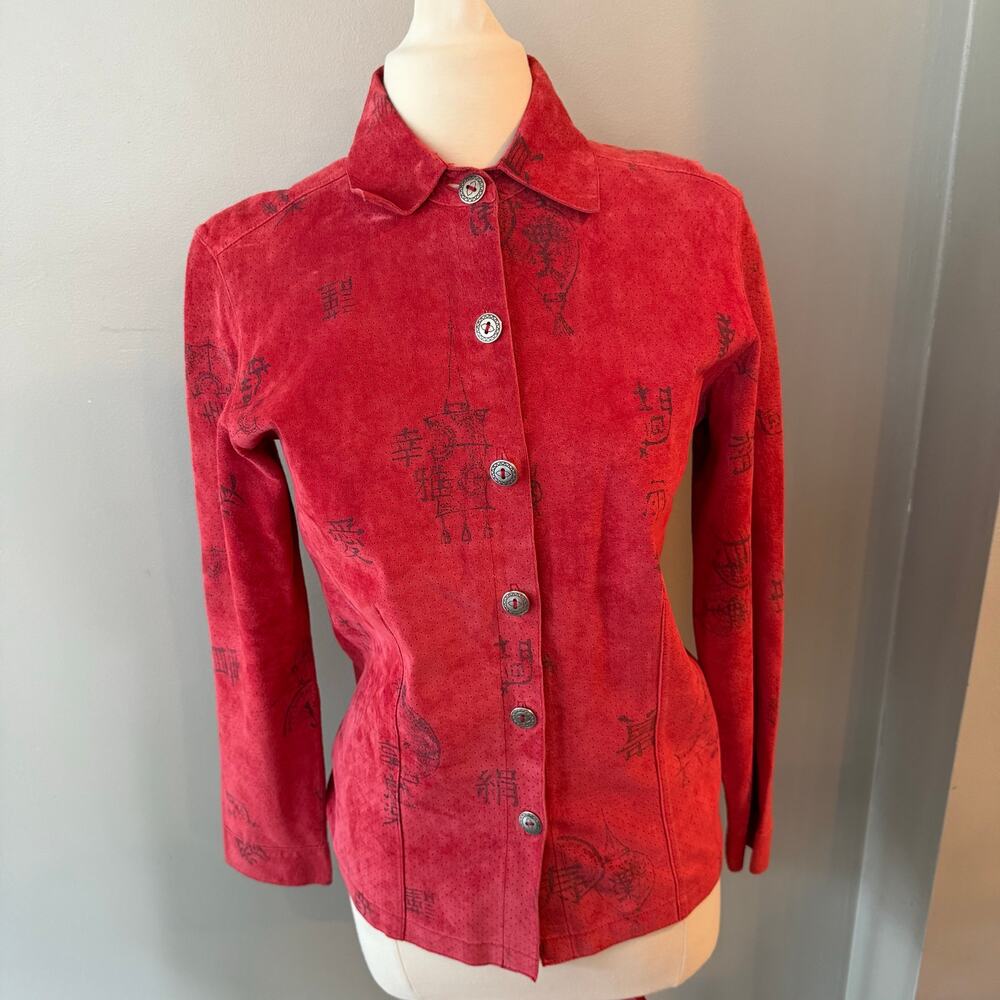 Vintage Chicos Calligraphy‎ Print Red Suede Leather Shirt Jacket Sz 0 Sml Asian
